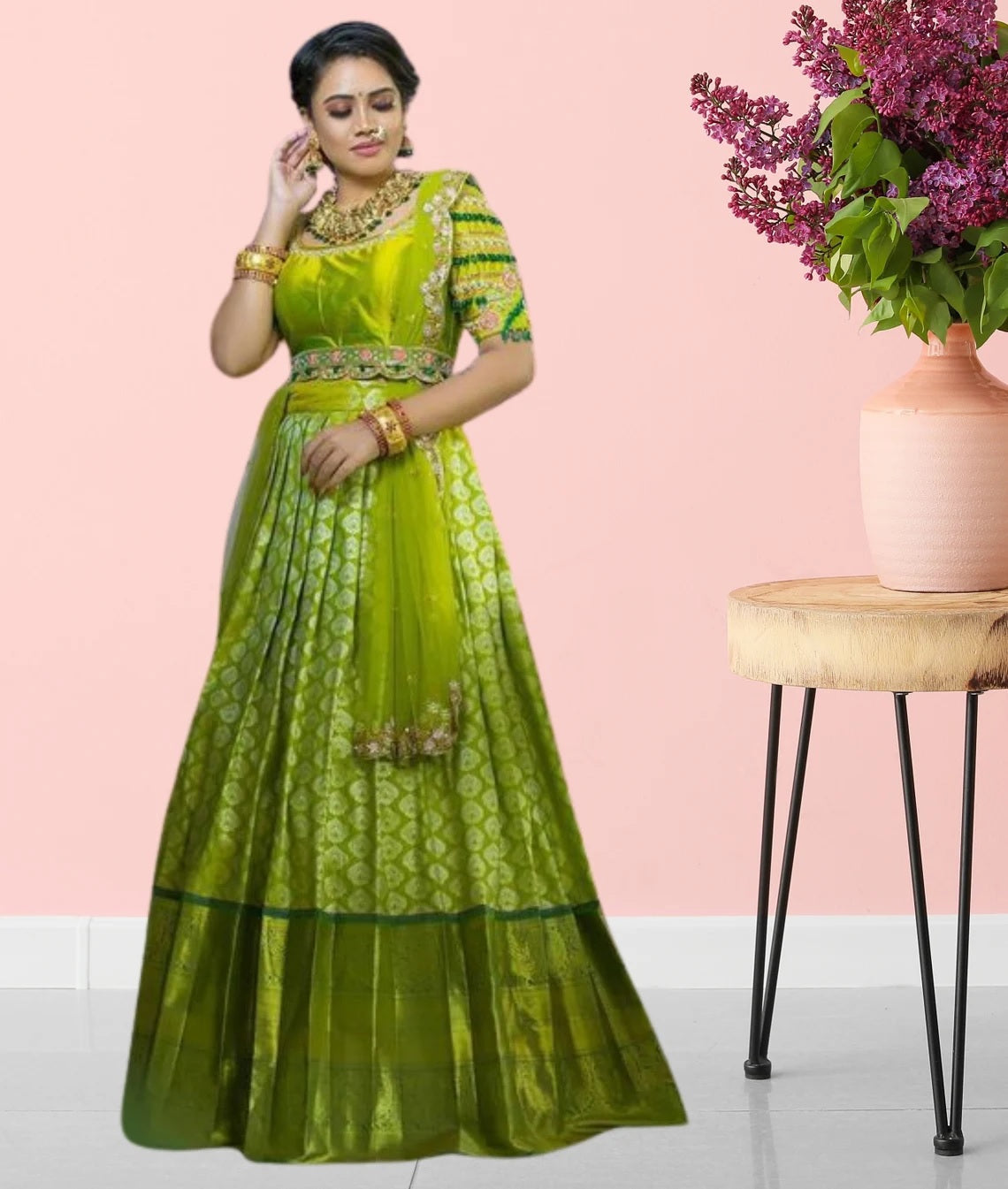 Kanjivaram Silk Pure Half & Embroidery Work Saree Lengha Blouse With Dupatta image 1