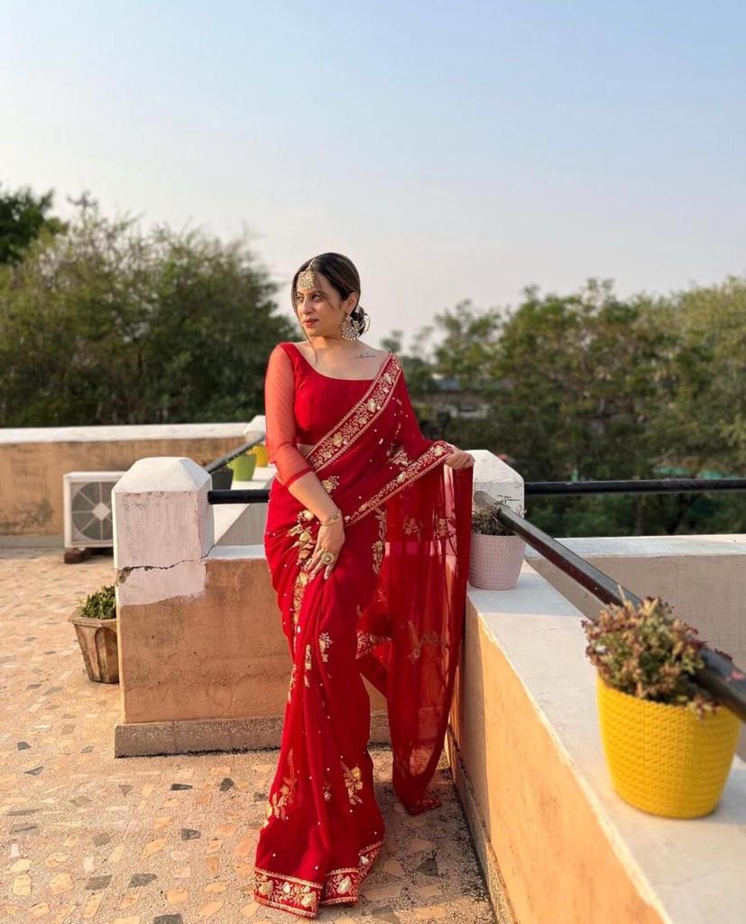 Red Georgette Embroidery Sequence Saree image 1