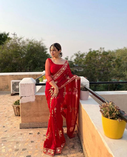 Red Georgette Embroidery Sequence Saree image 1