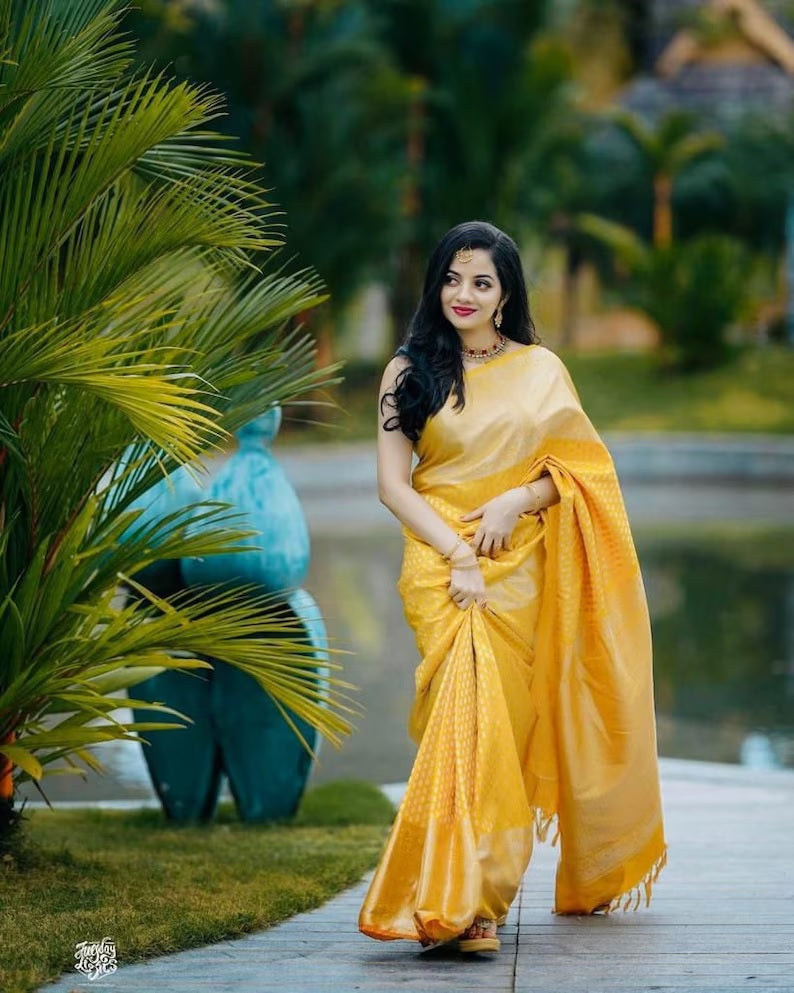 Yellow Soft Lichi Silk & Jacquard Work Saree With Blouse image 1