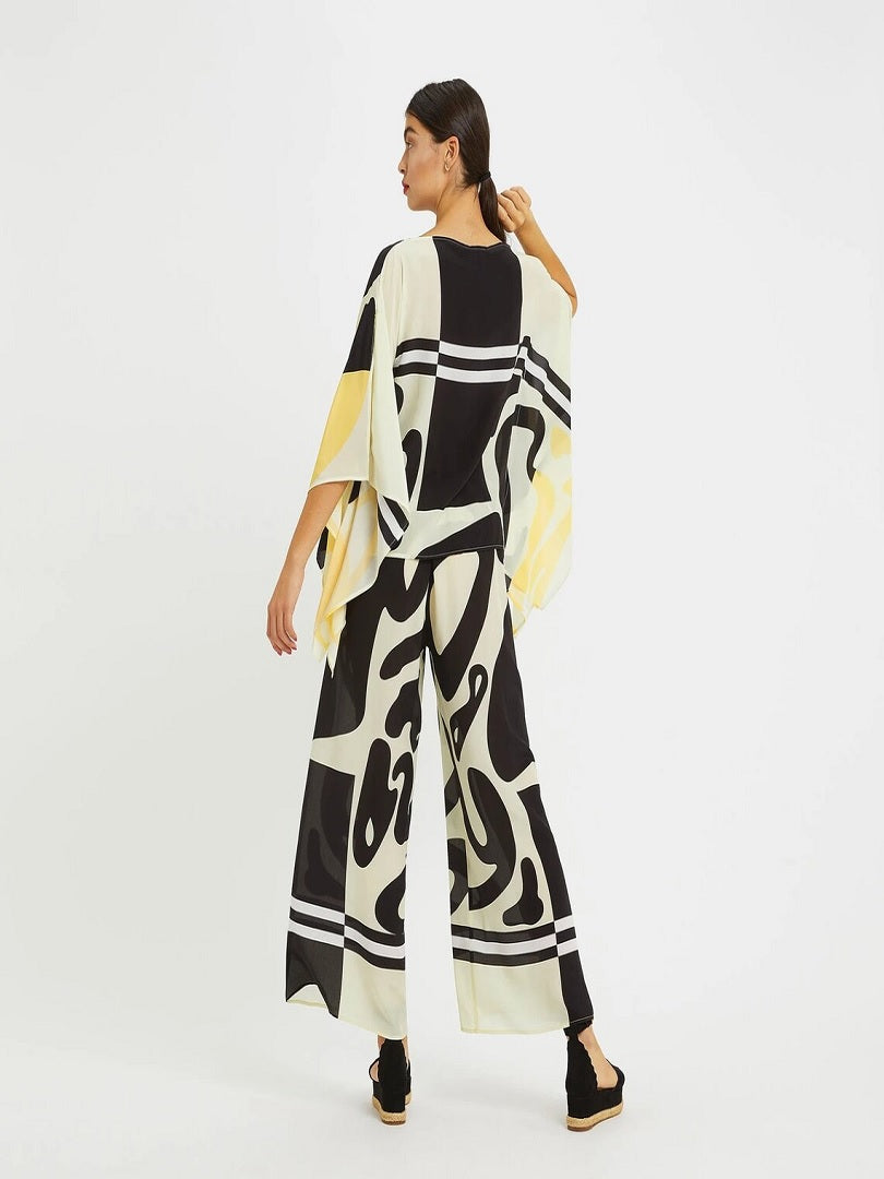 Black Silk Crepe Kaftan Top and Flared Pants Co ord Set J5644 image 2