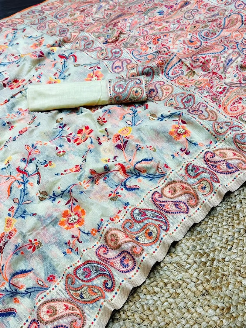 Off White Kashmiri Thread Weaving Pure Zari Work Saree image 2