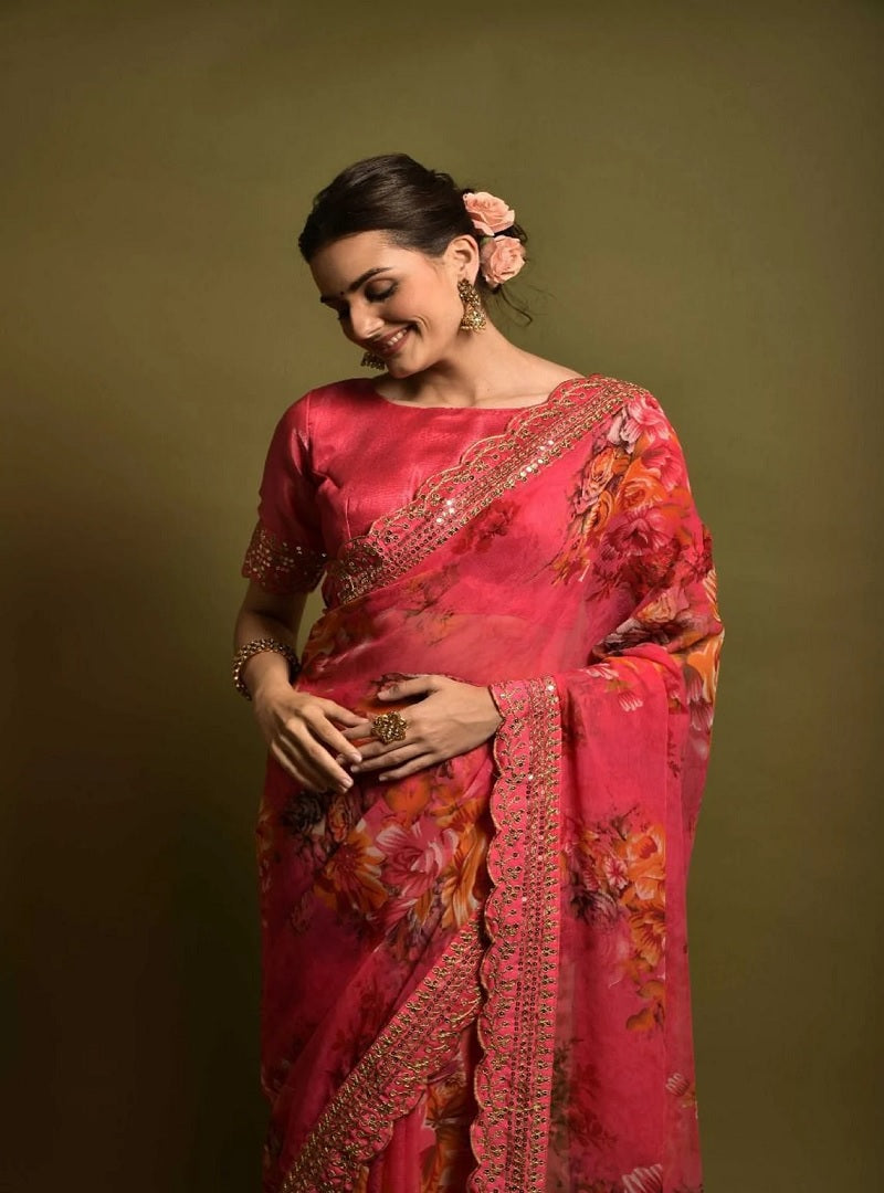 Soft Chiffon With Flower Print Sequence Work Saree image 2
