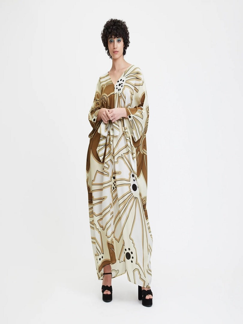 V-Neck Belted Floral Printed French Moss Kaftan For Women J5690 image 1