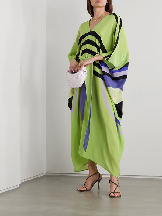 Lounge Wear V-Neck Belt Style Soft Silk Crepe Printed Kaftan J5695 image 1