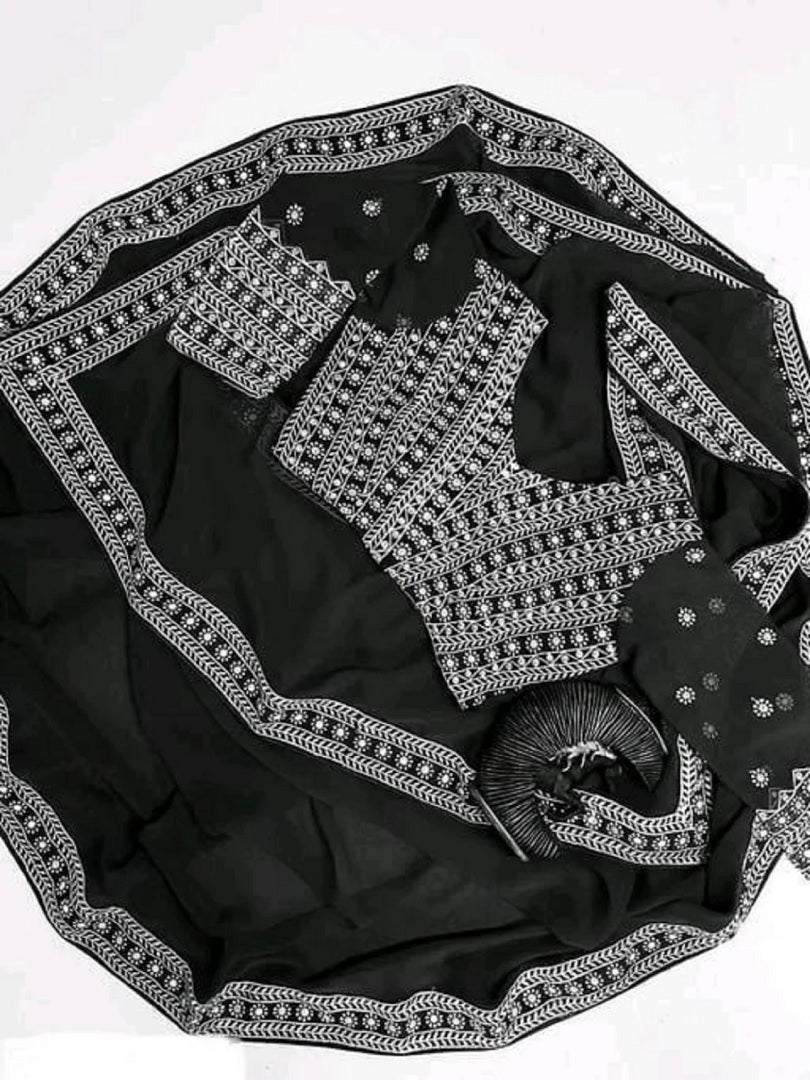 Black Georgette Embroidery Work Saree image 2