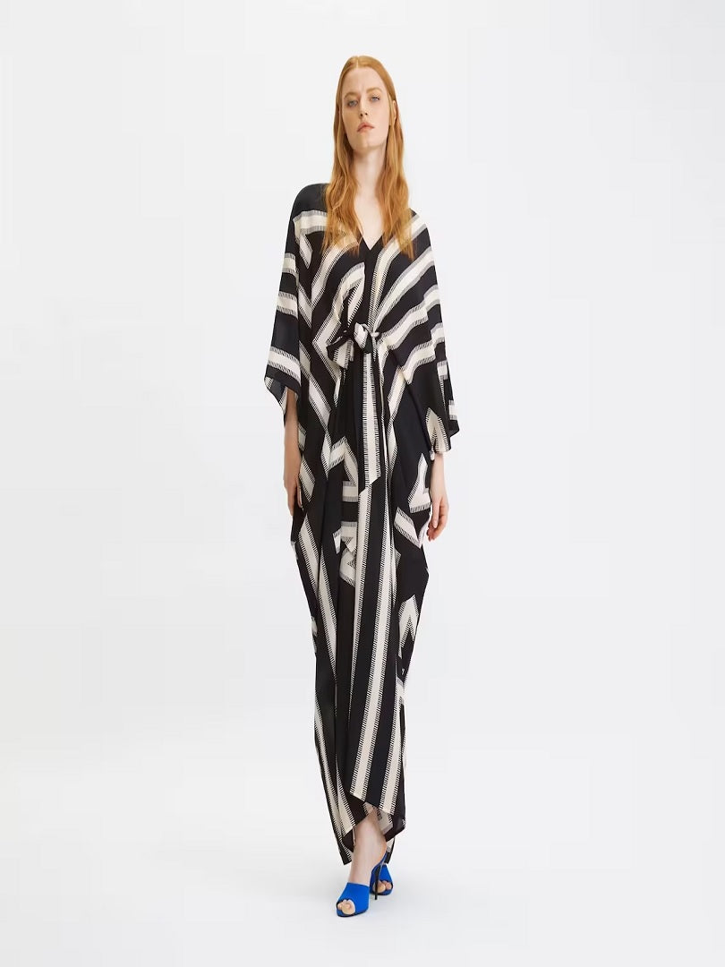 V-Neck Belt Style Printed Long French Moss Kaftan Dress J5790 image 3
