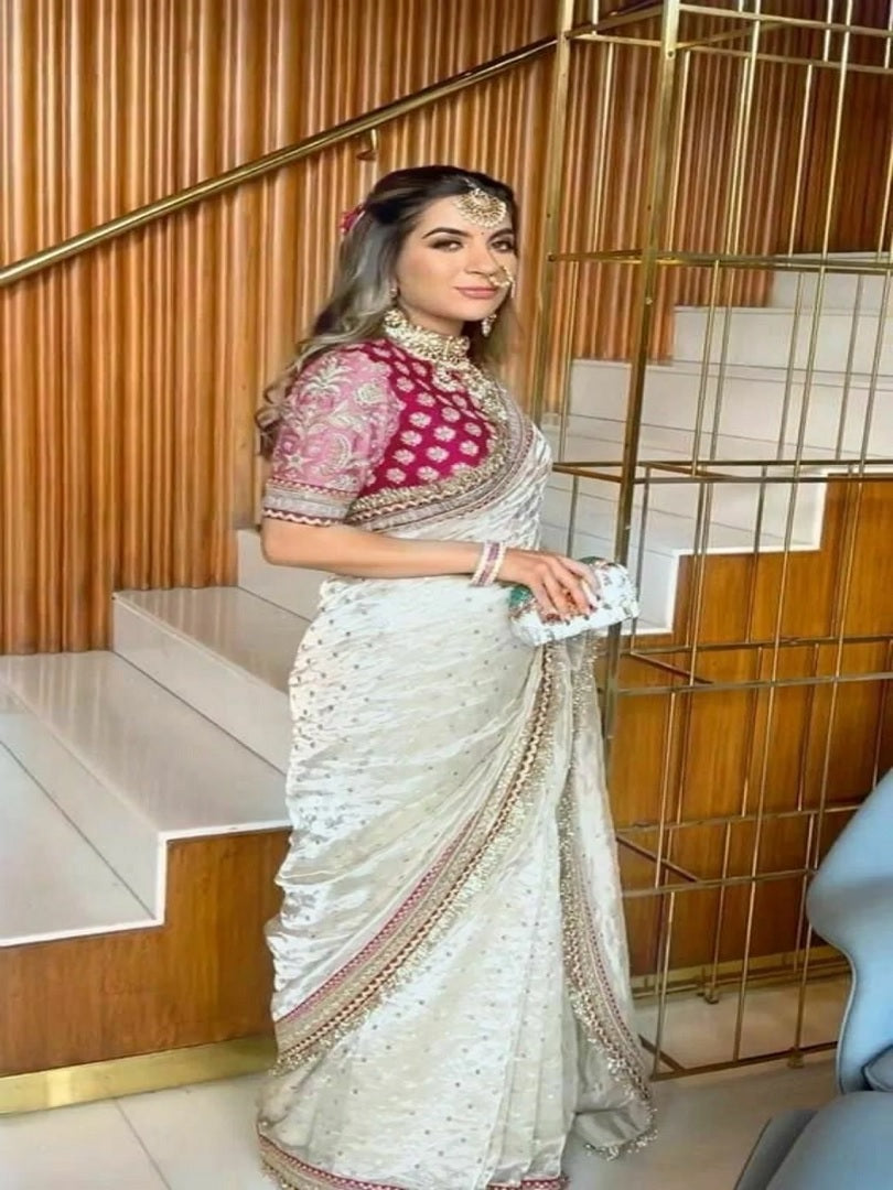 White Khadi Organza Silk Embroidery Thread Sequence Work Saree image 2
