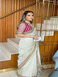 White Khadi Organza Silk Embroidery Thread Sequence Work Saree image 2