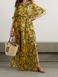 Floral Black Gold Women Georgette Printed Long Kaftan Dress J5764 image 1