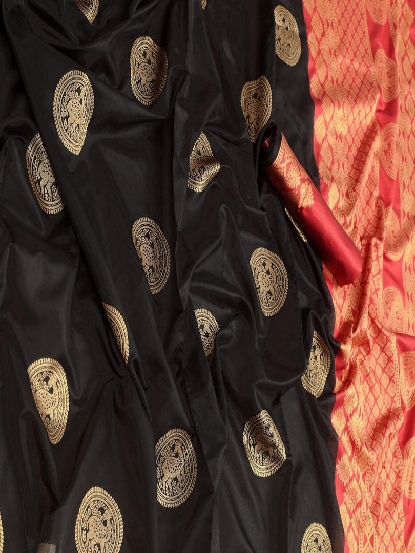 Black and Red Soft Lichi Silk Saree image 2