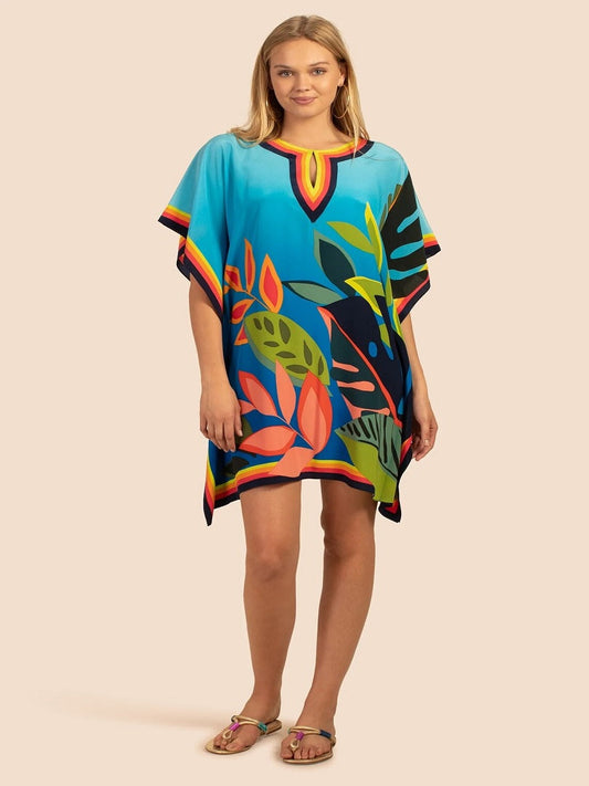Beautiful Floral Geometric Pattern Holiday Wear Silk Crepe Short Kaftan Dress J5681 image 1