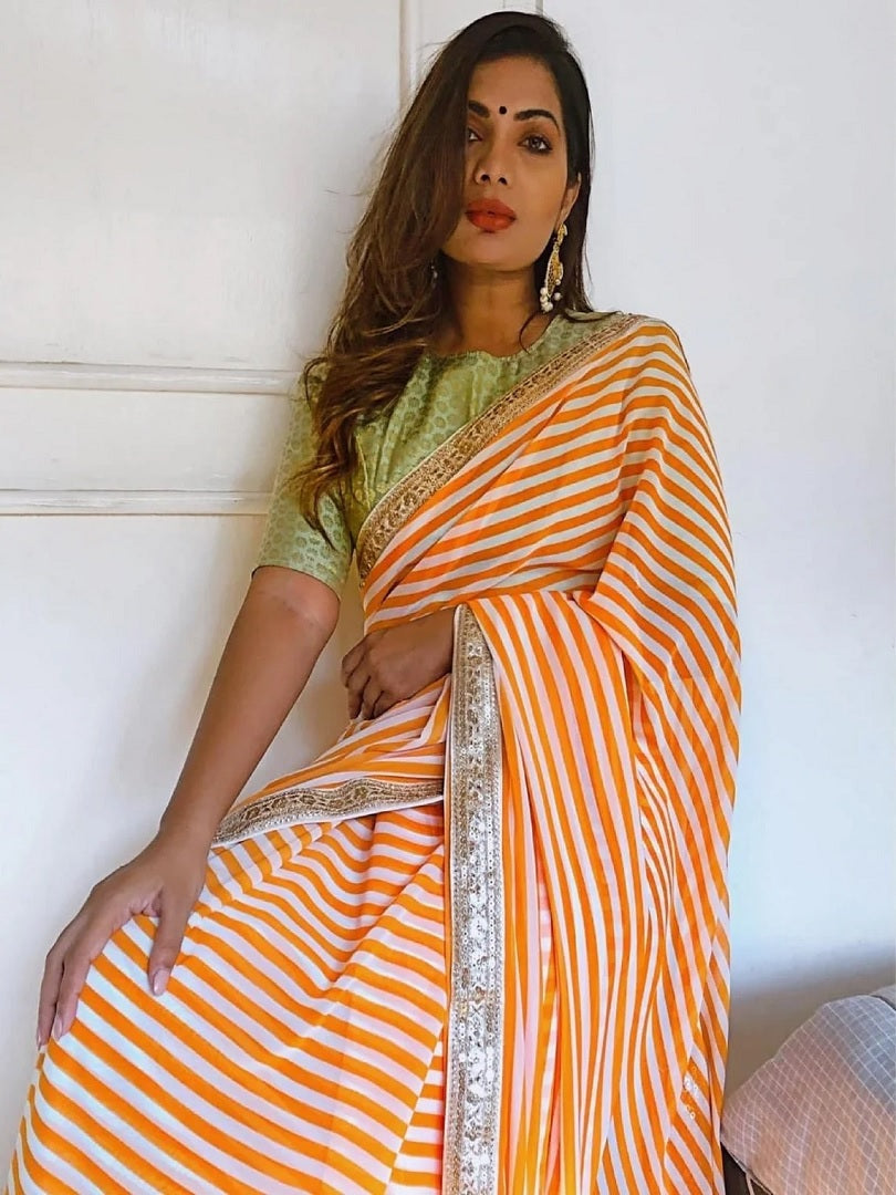Orange & White Printed Georgette Saree image 3