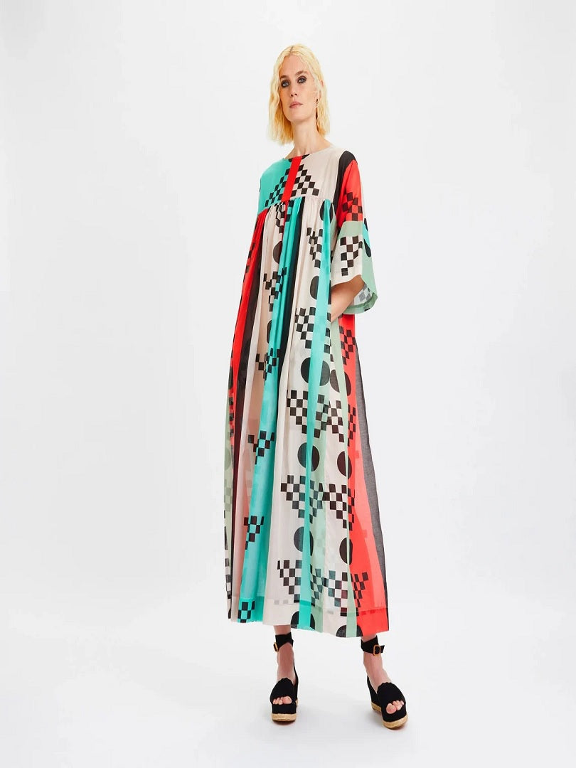 Geometric Multi Color Printed Casual Wear Poly Rayon Cotton Long Maxi Dress J5759 image 1