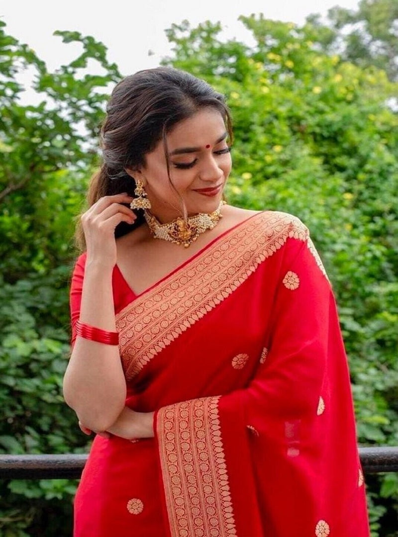 Red Soft Lichi Silk Saree And Blouse Wedding Wear Latest Sari Collection image 2