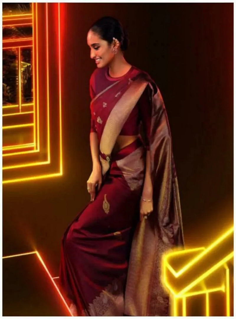 Kanchipuram Silk Saree Jacquard Border Sari Unstitched Blouse image 1