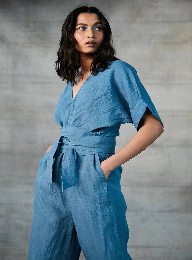 Cornflower Blue Linen Jumpsuit For Women image 2