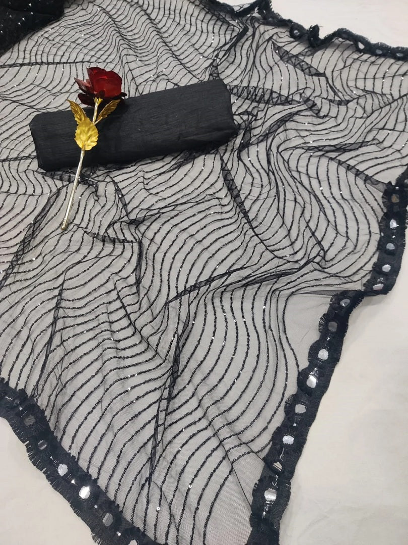 Black Color Heavy Net Sequence Work Saree image 2