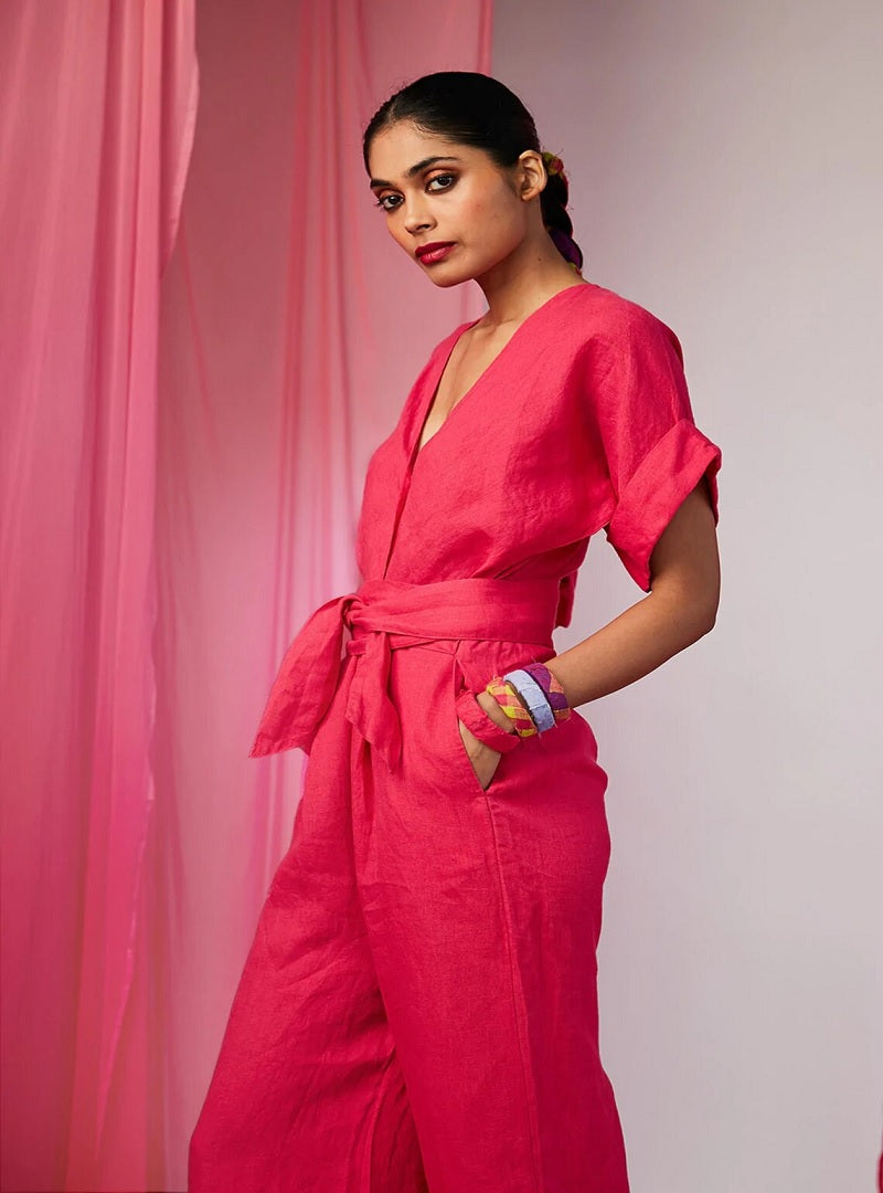 Hot Pink Linen Jumpsuit For Women image 2