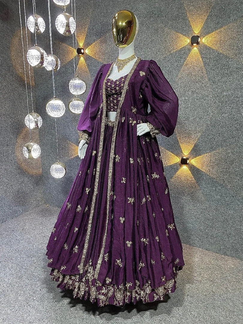 Eggplant Chinon Sequence Embroidered Lehenga Choli With Koti Set image 8