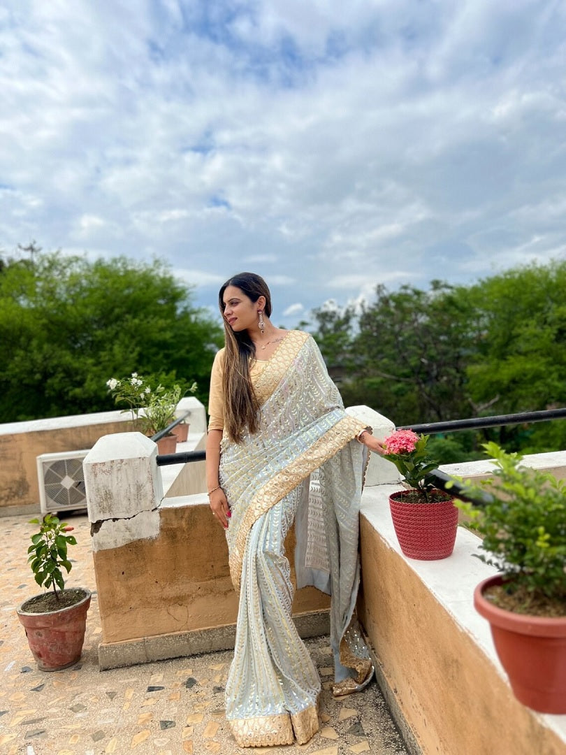 Sky Blue Georgette Embroidery Sequence Work Saree image 6