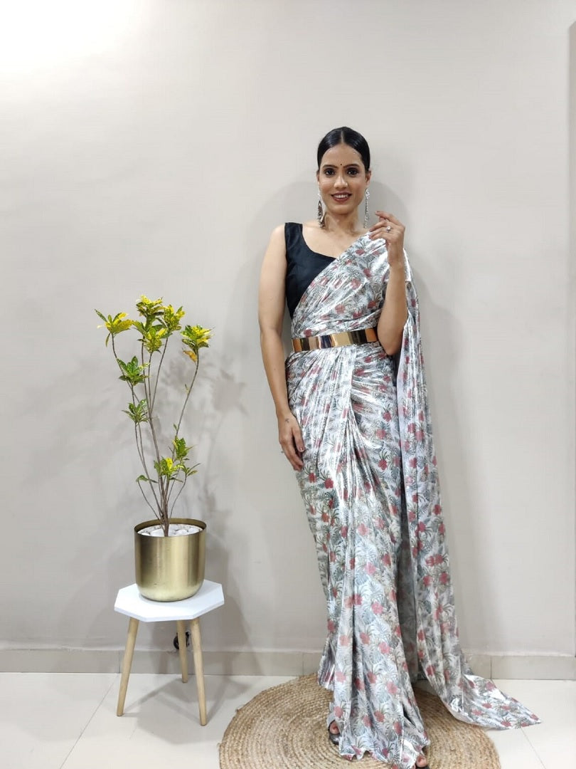 Imported Lycra Silk Ready To Wear Saree With Metal Belt image 2