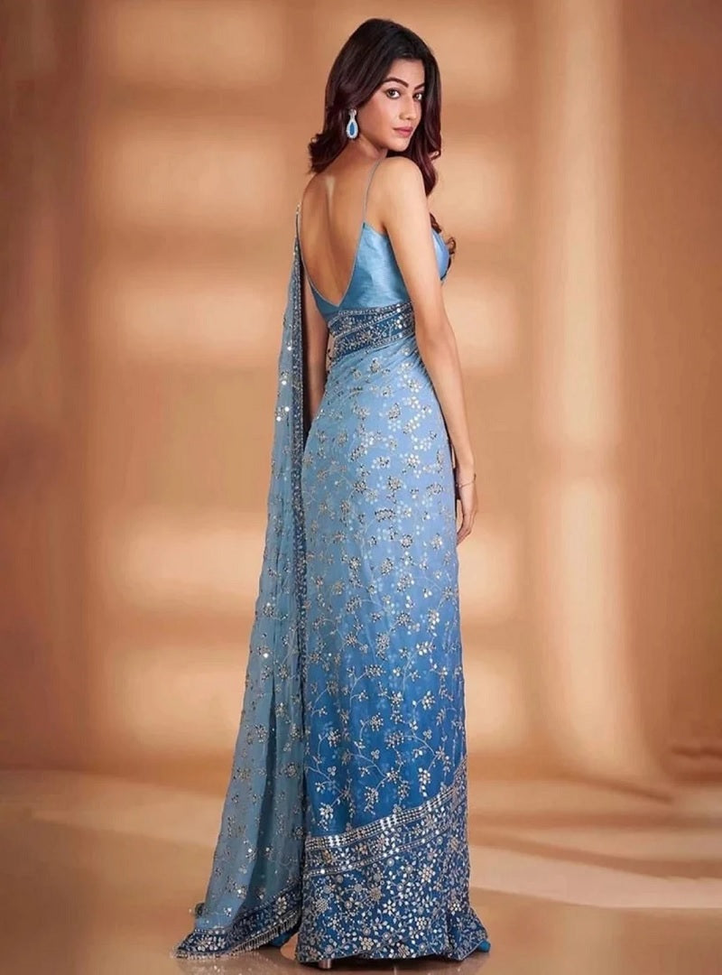Sky Blue Soft Georgette Embroidery Sequence And Thread Work Saree image 2