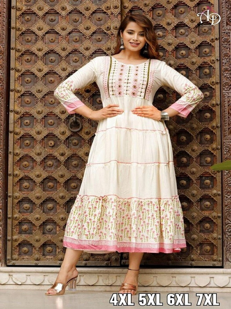 Women's Traditional Cotton Kurti Ethnic Long Gown Kurta Western Dress AD image 5
