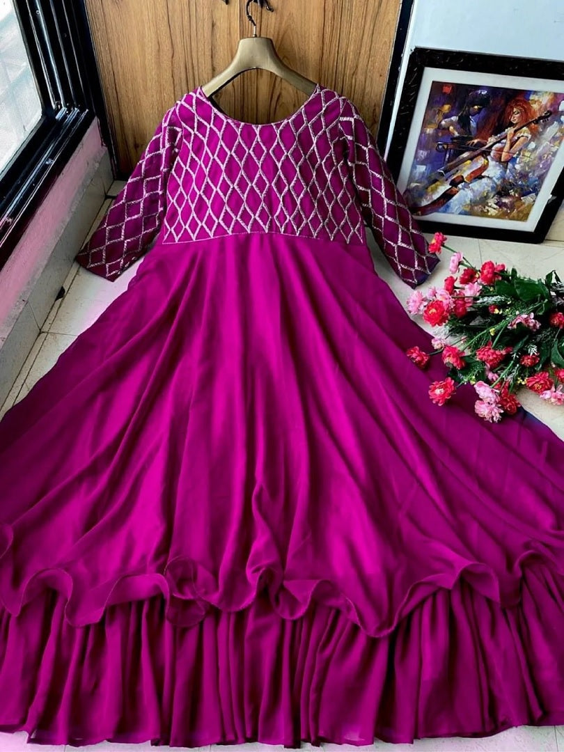 Women Embroidery Work Georgette Gown Designer Party Wear Kurti KY image 3