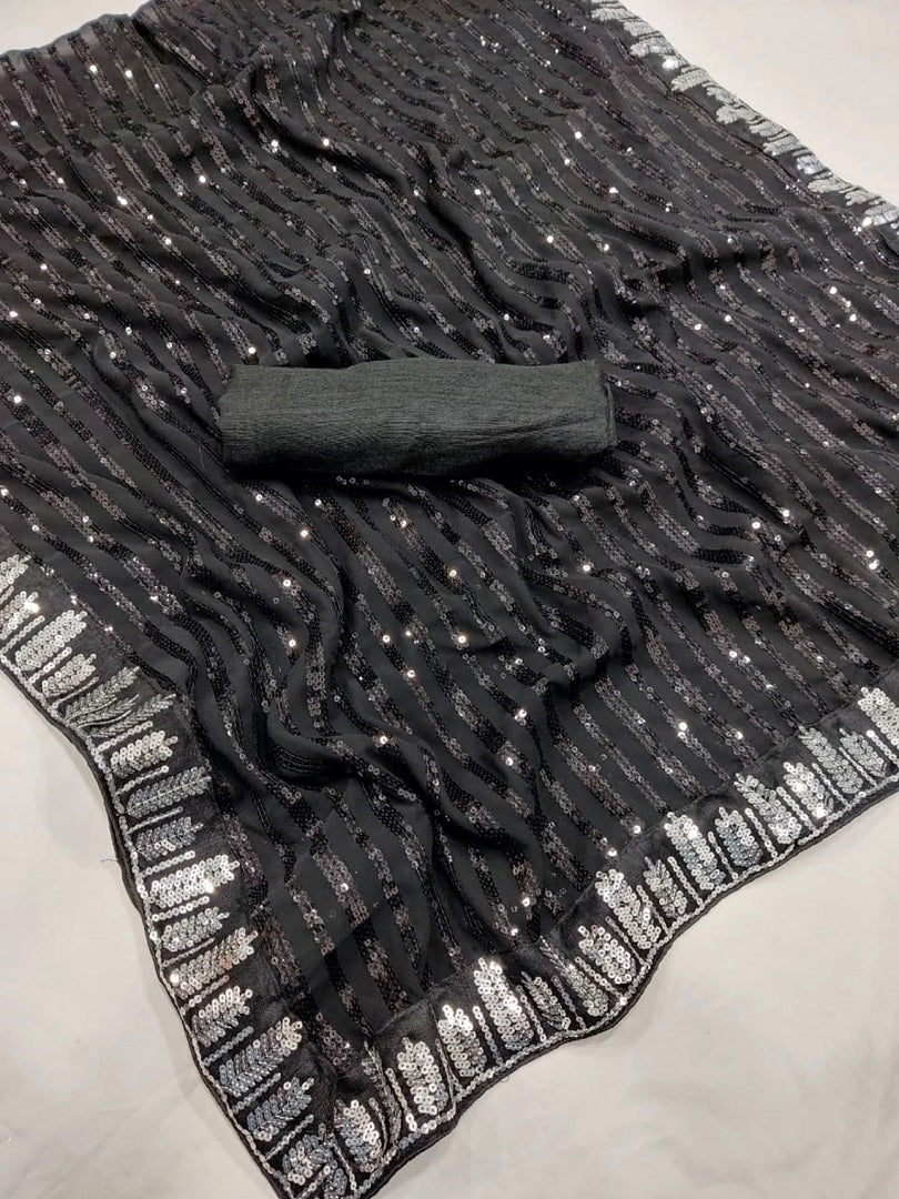 Black Georgette With Sequence Lace Work Saree image 2