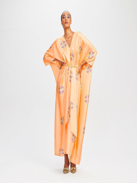 Peach Color V-Neck Belt Style Women Satin Silk Printed Kaftan J5632 image 1