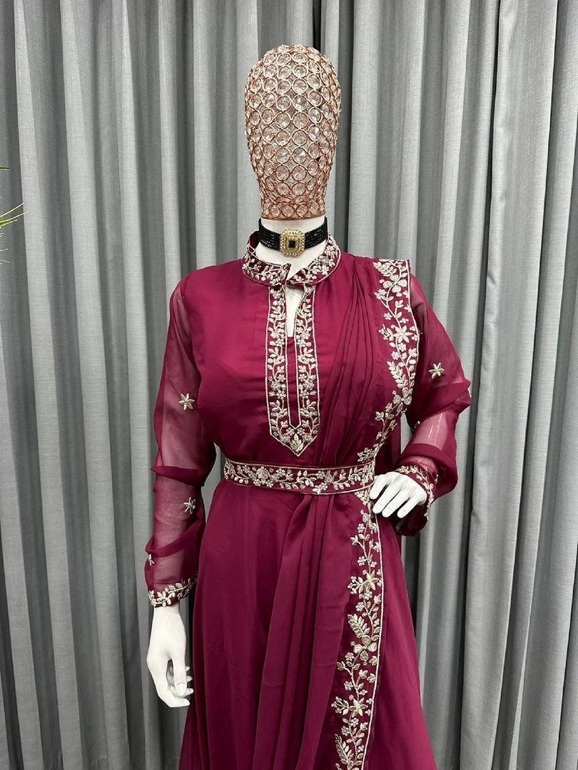 Plum Color Georgette Anarkali Suit Thred Sequence Work Long Gown With Belt And Dupatta Dress KY image 2