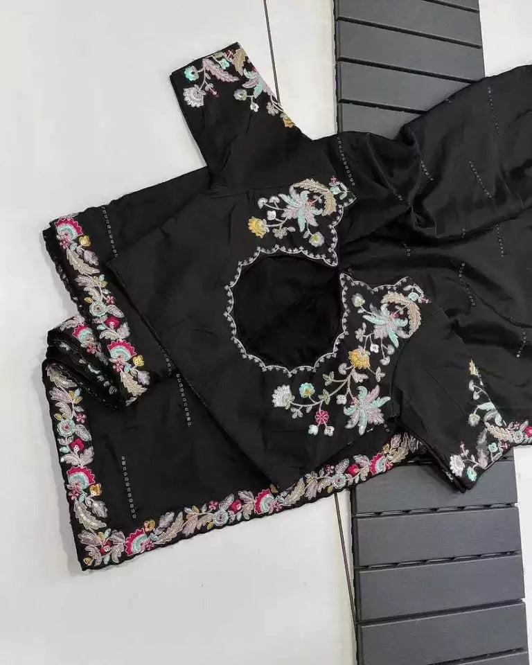 Black Heavy Glooming Rangoli Silk Saree Stitched Blouse image 3