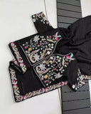 Black Heavy Glooming Rangoli Silk Saree Stitched Blouse image 4