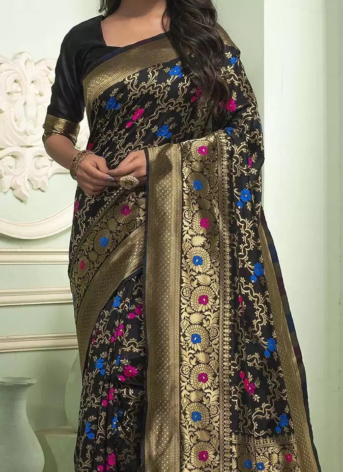 Banarasi Soft Silk Saree With Unstitched Blouse image 3