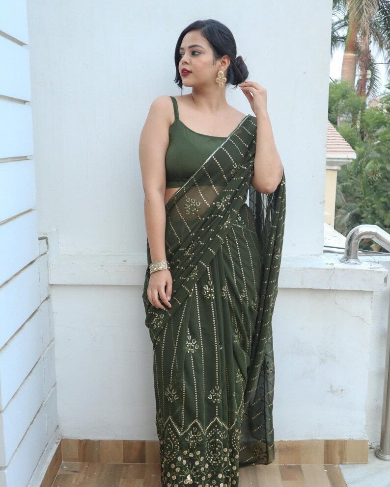 Mehendi Color Georgette Saree image 5