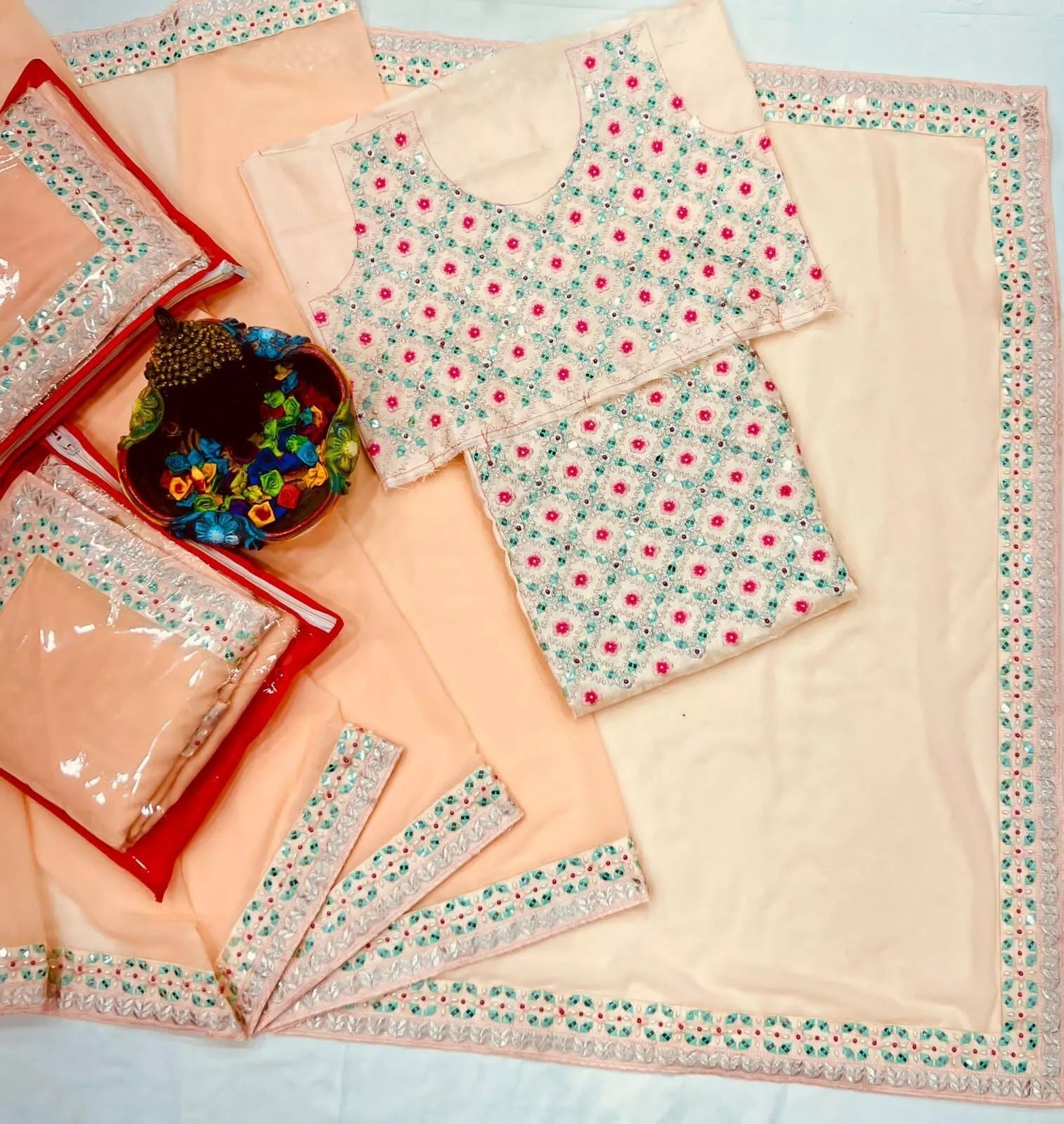 Peach Faux Georgette Embroidery Sequence Work Saree With Blouse image 3