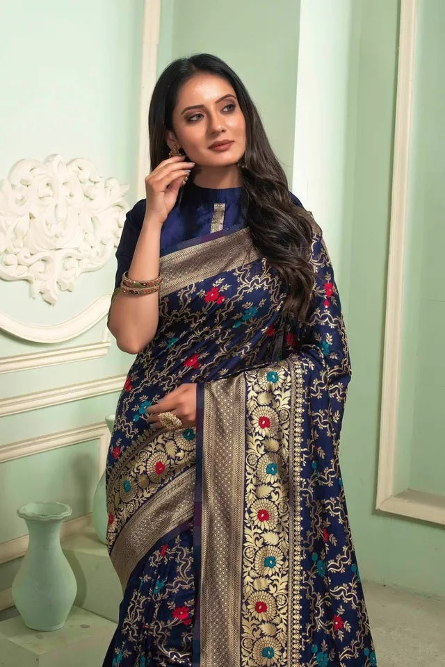 Banarasi Soft Silk Saree With Unstitched Blouse image 5