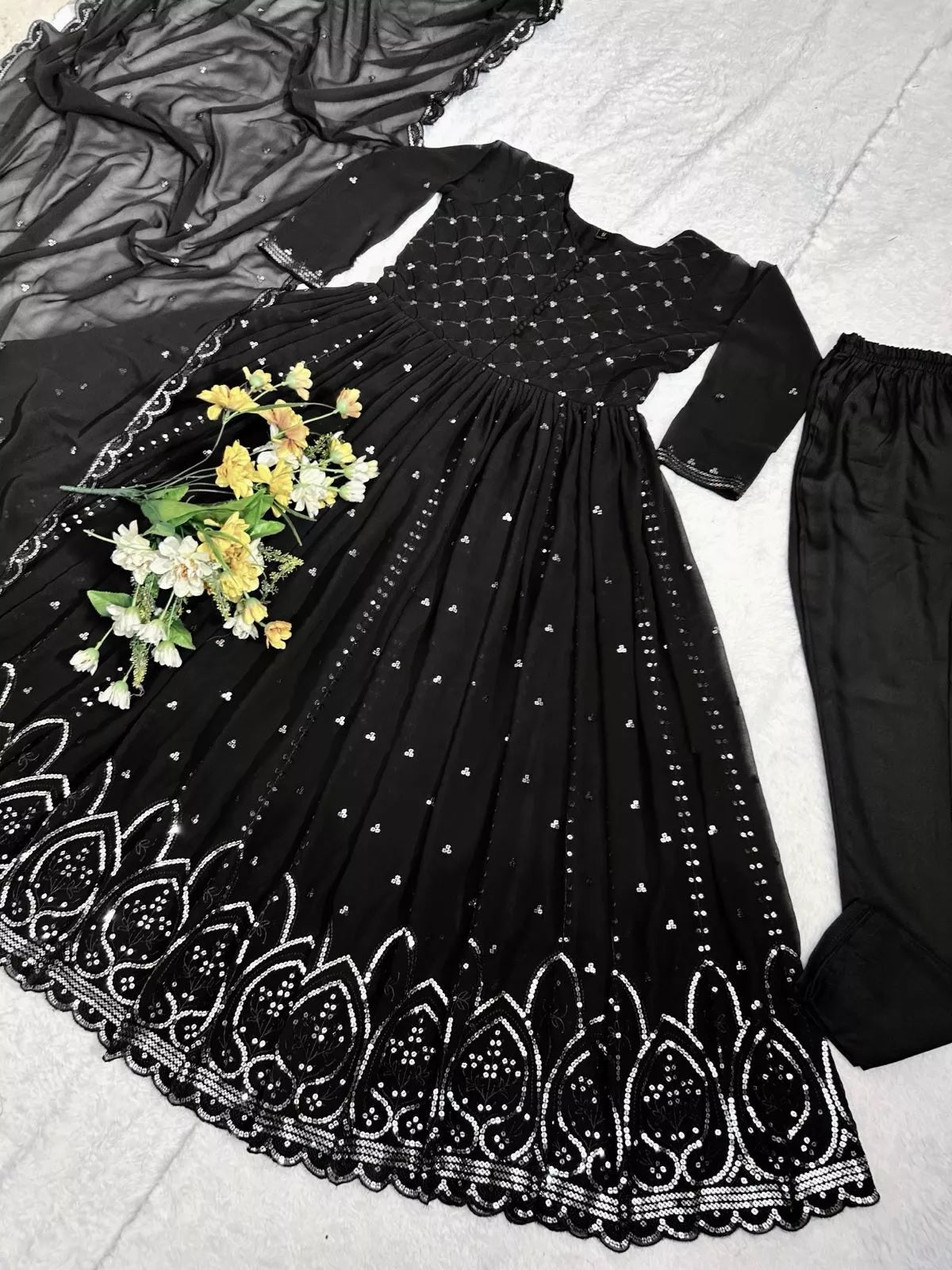 Black Faux Georgette With Embroidery Sequence Work Salwar Kameez Dupatta image 7