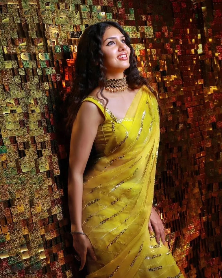 Yellow Georgette With Embroidery Sequence Work Saree image 2