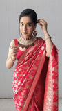 Red Soft Lichi Silk Jacquard Waving Work Saree With Blouse image 2