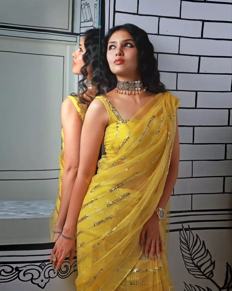Yellow Georgette With Embroidery Sequence Work Saree image 4