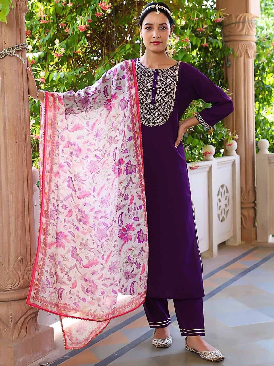 Eggplant Rayon Slub With Embroidery Work Kurti Bottom & Dupatta image 1