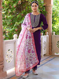 Eggplant Rayon Slub With Embroidery Work Kurti Bottom & Dupatta image 2