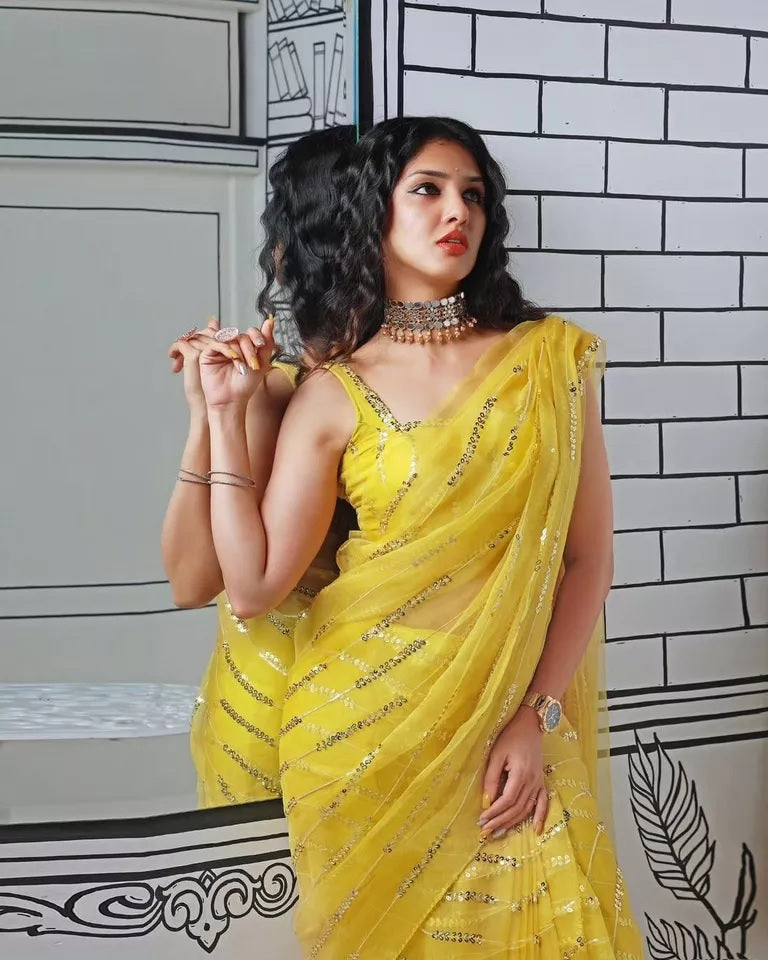 Yellow Georgette With Embroidery Sequence Work Saree image 5