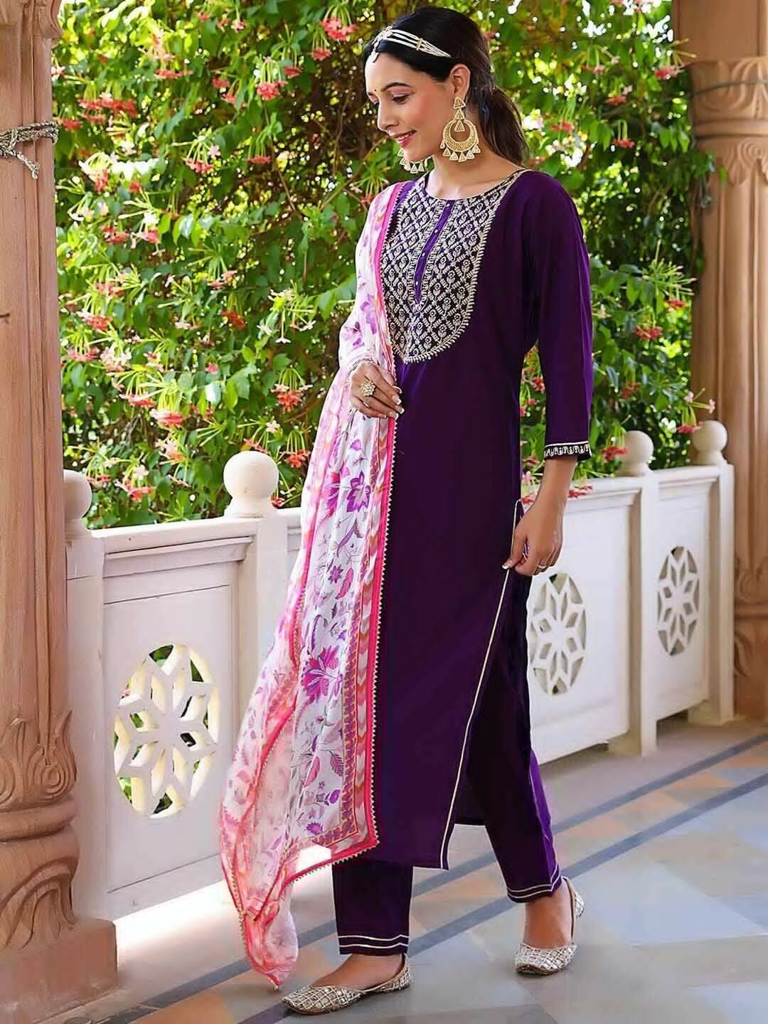Eggplant Rayon Slub With Embroidery Work Kurti Bottom & Dupatta image 3
