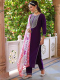 Eggplant Rayon Slub With Embroidery Work Kurti Bottom & Dupatta image 3