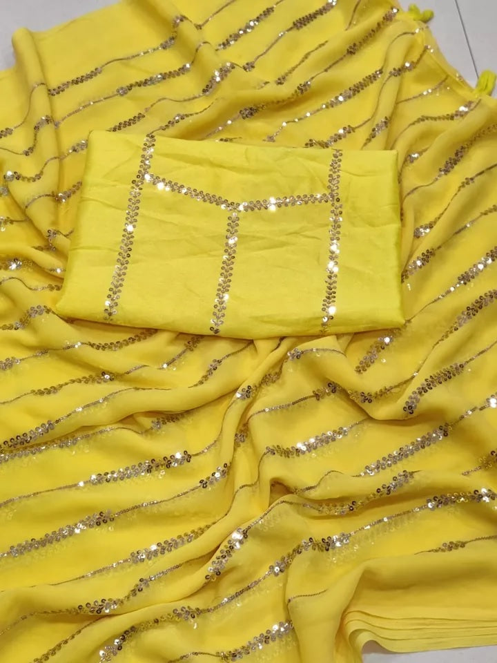 Yellow Georgette With Embroidery Sequence Work Saree image 6