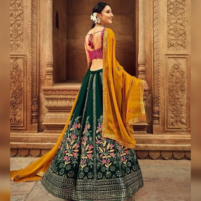 Malay Satin Silk & 9mm Sequence Embroidery Work Lehenga Blouse With Dupatta image 2