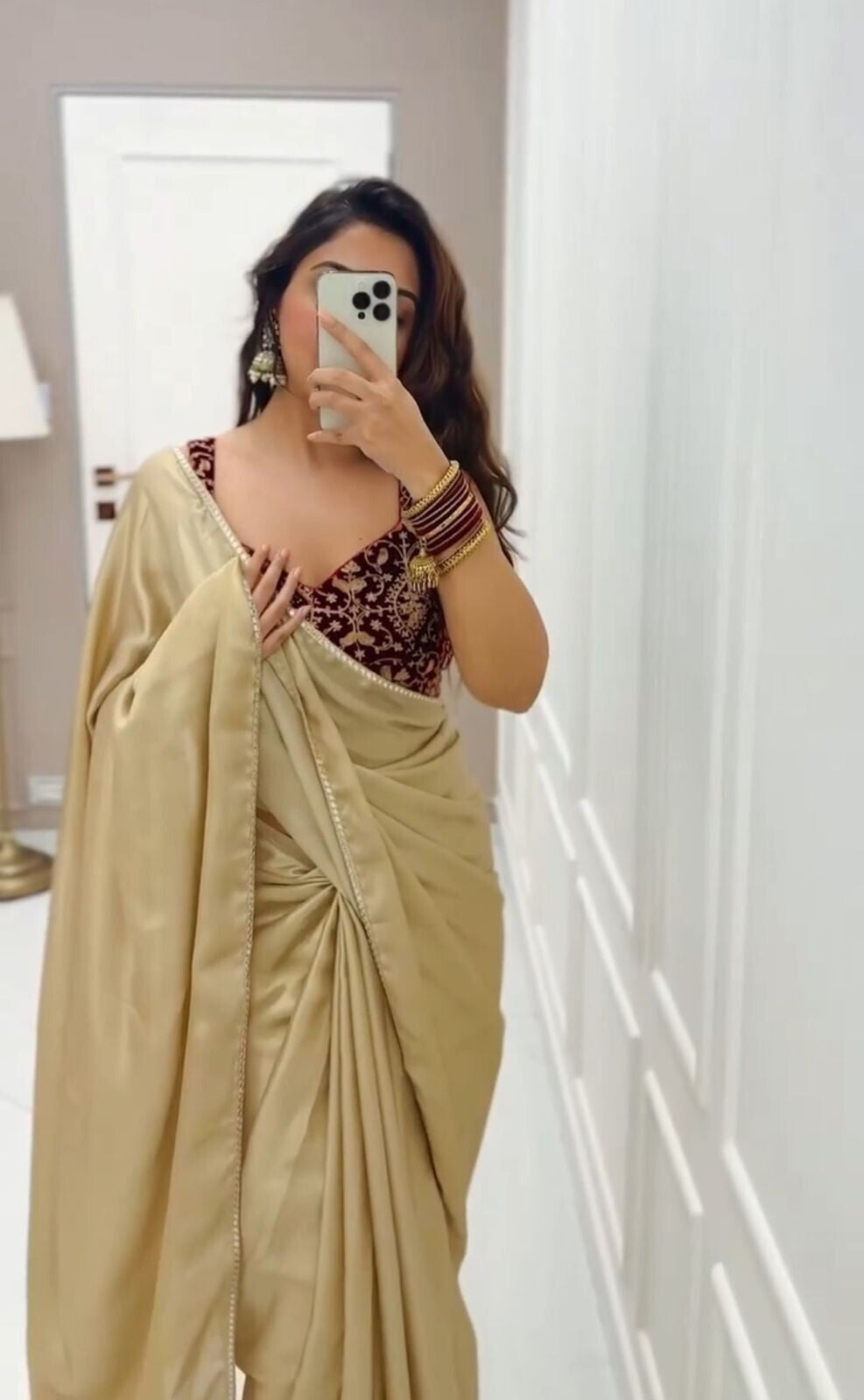 Japan Satin With Beautiful Mirror Lace Border Saree With Blouse image 4